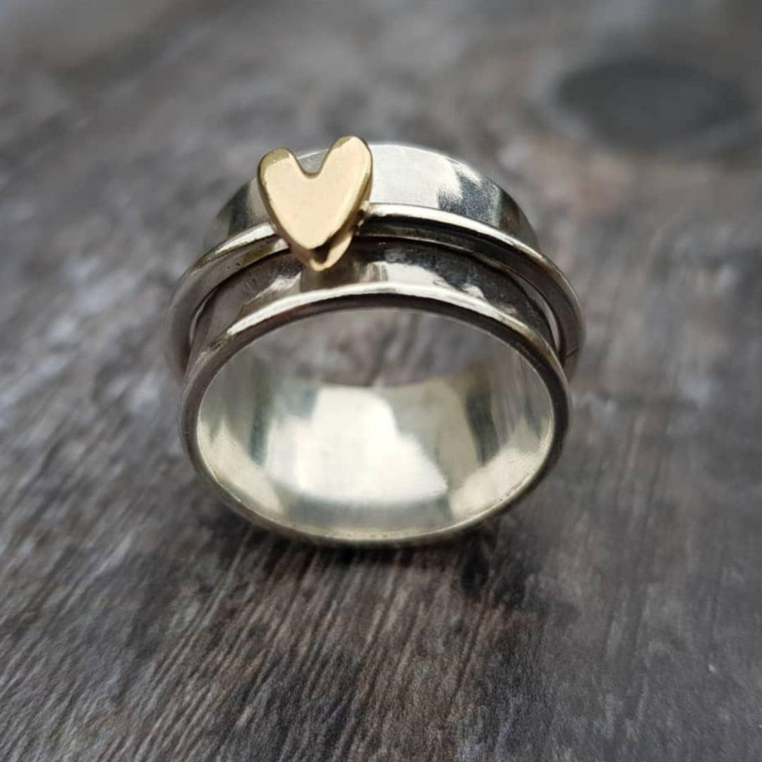 GOLDEN HEART SILVER RING
