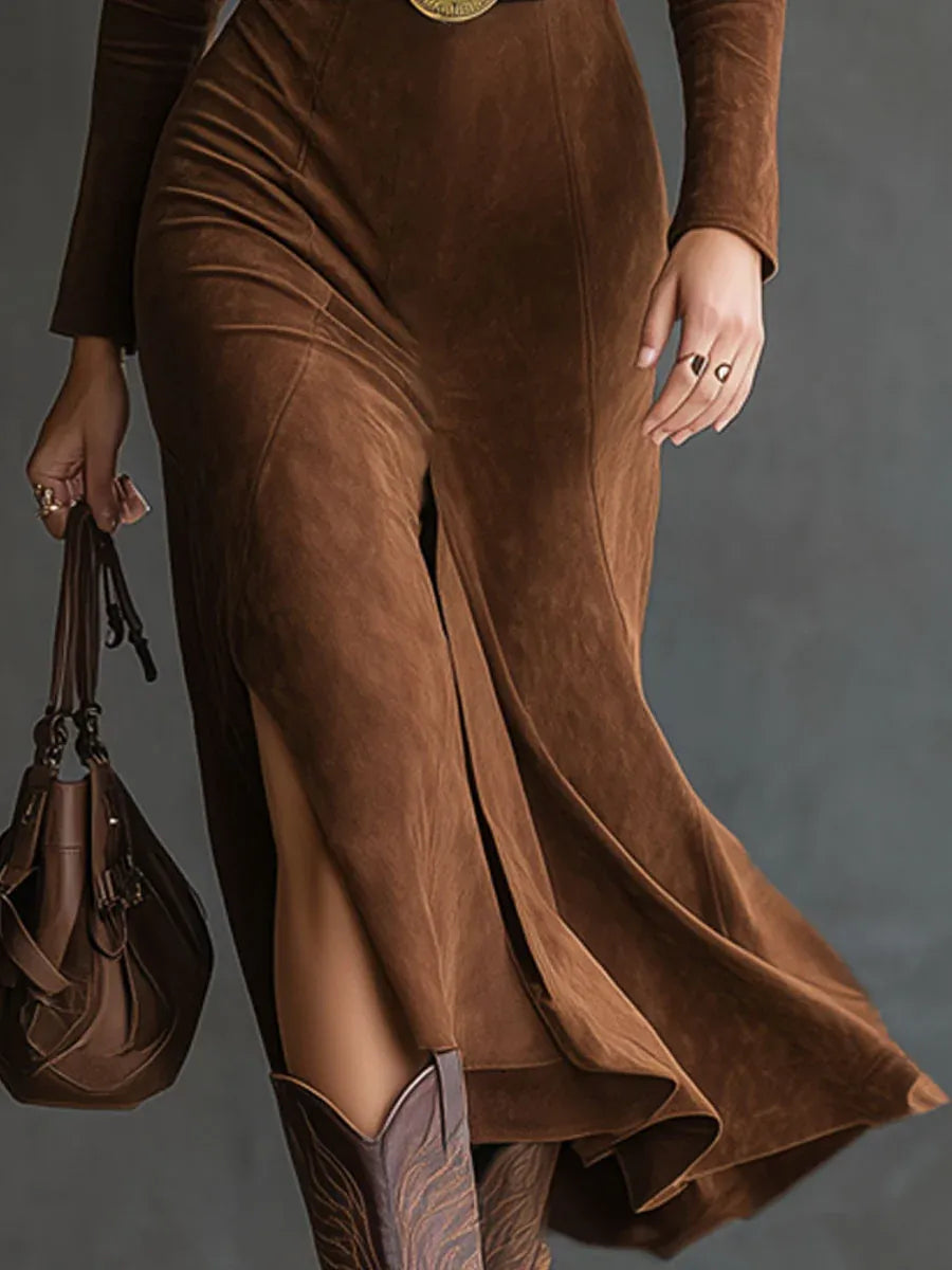 Felicity | Retro Western Style Lapel Faux Suede Slit Midi Dress (Includes belt)