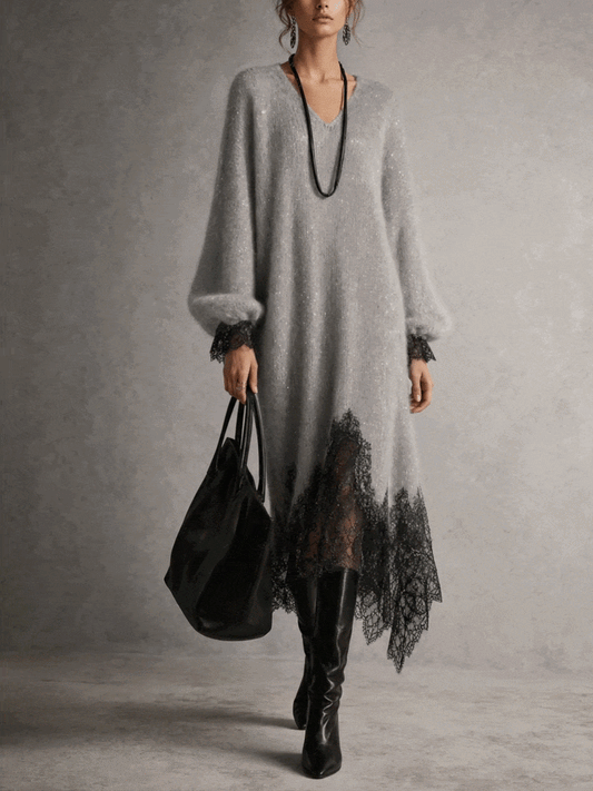 Victoria | Grey Midi Knit Dress with Lace Hem