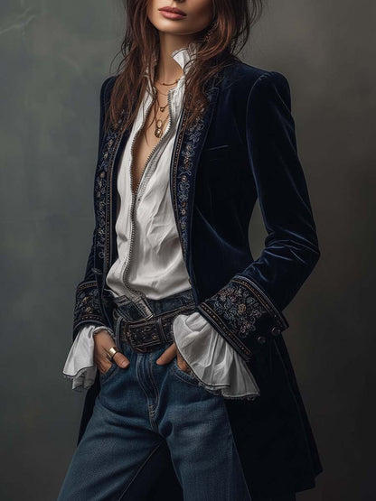 Erica | Long Vintage Velvet Jacket with Embroidery
