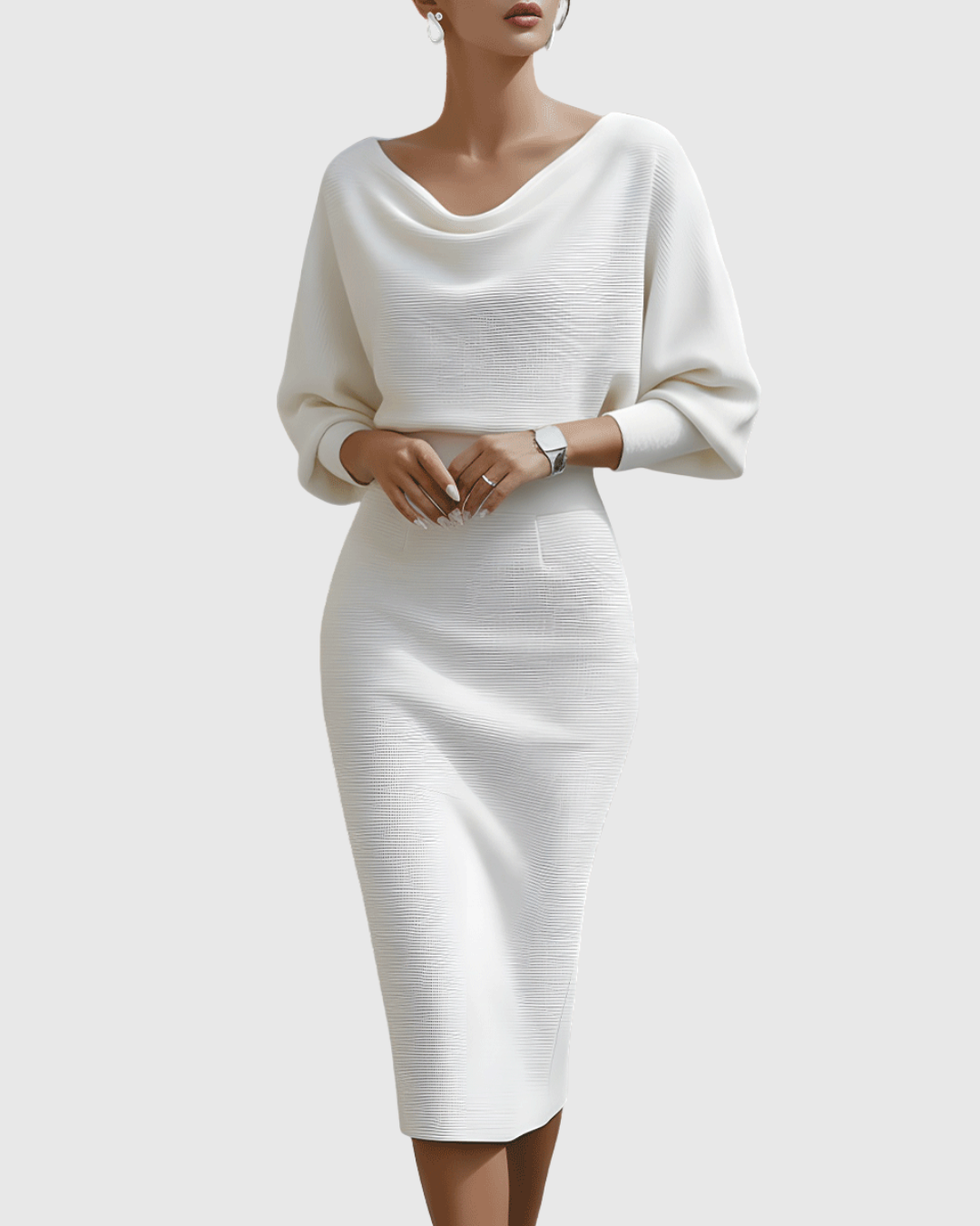ISMÉRIA | WHITE DRAPED BATWING MIDI DRESS