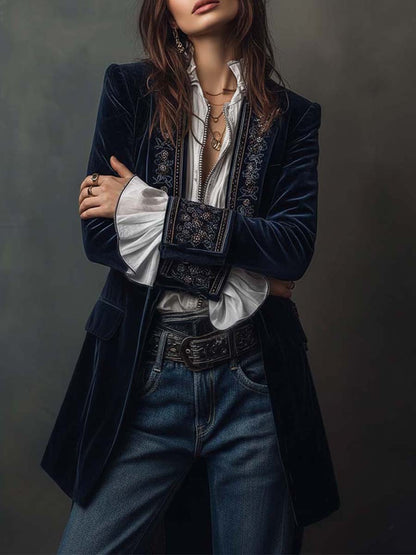 Erica | Long Vintage Velvet Jacket with Embroidery