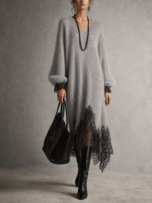 Victoria | Grey Midi Knit Dress with Lace Hem