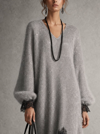 Victoria | Grey Midi Knit Dress with Lace Hem