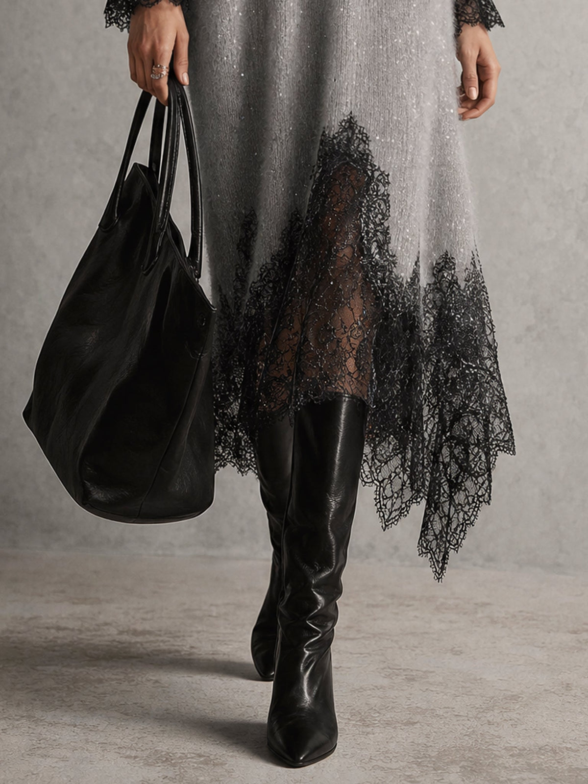 Victoria | Grey Midi Knit Dress with Lace Hem
