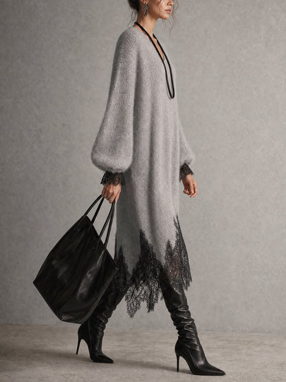 Victoria | Grey Midi Knit Dress with Lace Hem