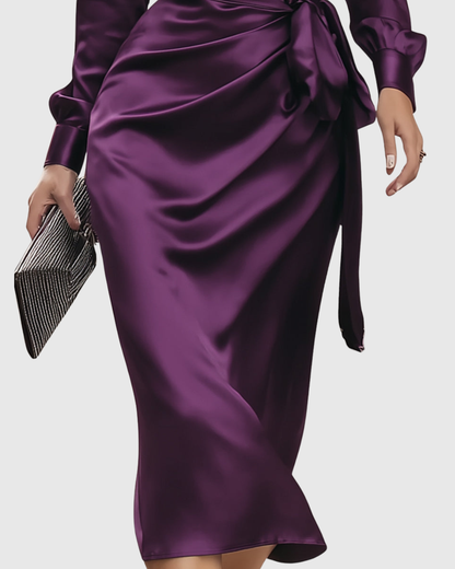 CERELIA | DEEP PLUM SATIN WRAP MIDI DRESS