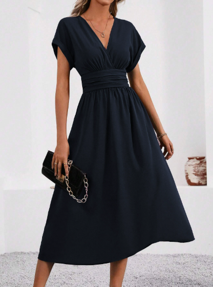 LUCYNDRA | V-NECK PLEATED WAIST MIDI DRESS