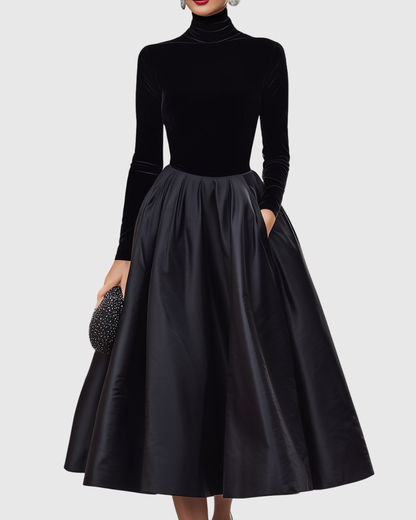 ARADIA | ELEGANT BLACK VELVET AND SATIN MIDI DRESS