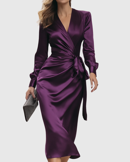 CERELIA | DEEP PLUM SATIN WRAP MIDI DRESS