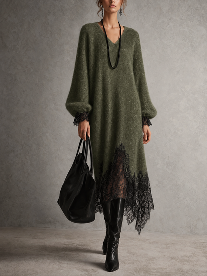 Victoria | Grey Midi Knit Dress with Lace Hem