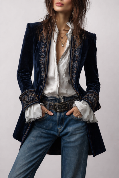 Erica | Long Vintage Velvet Jacket with Embroidery