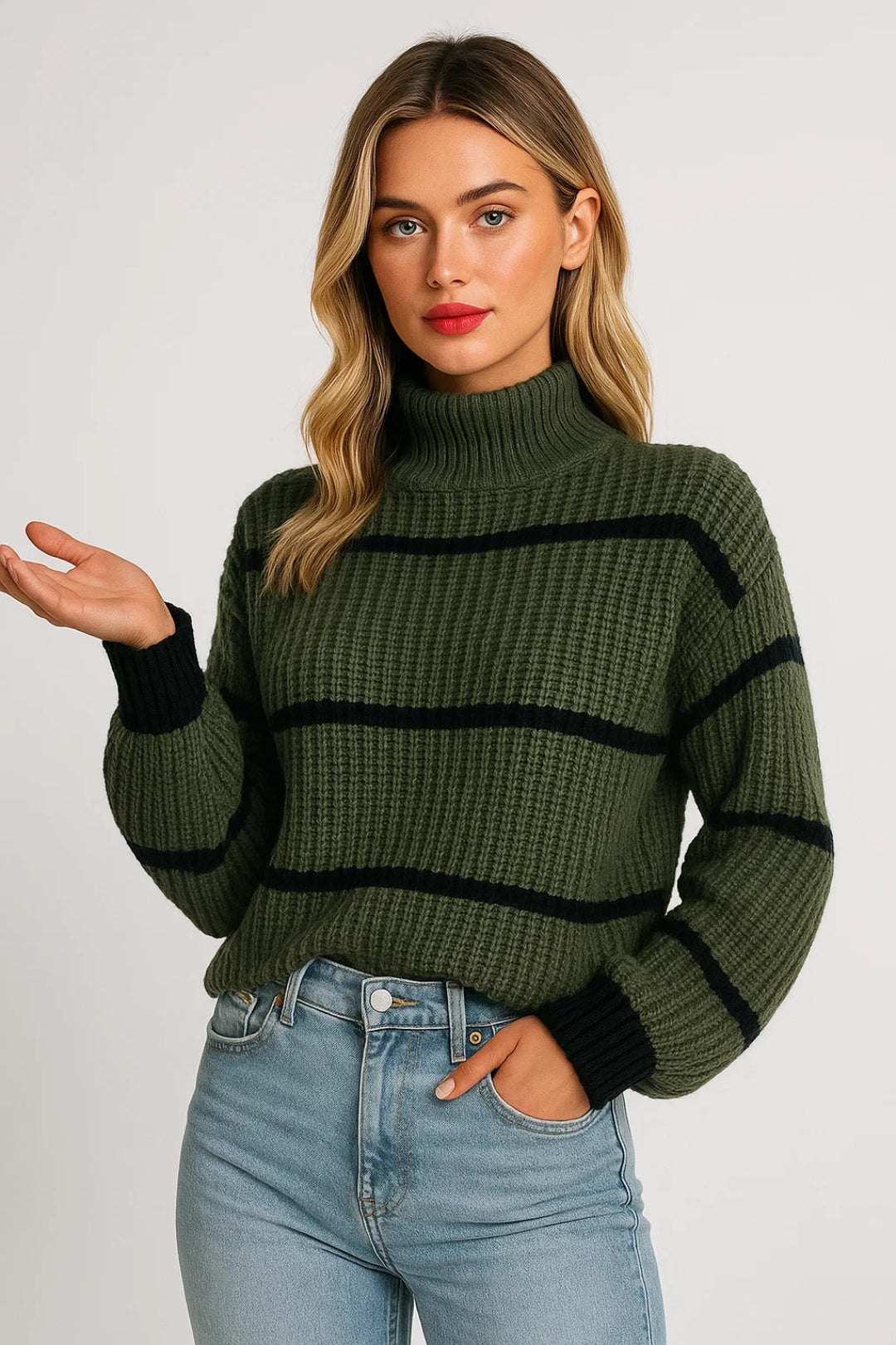 DEVINA | RIBBED STRIPE STAND-NECK SWEATER
