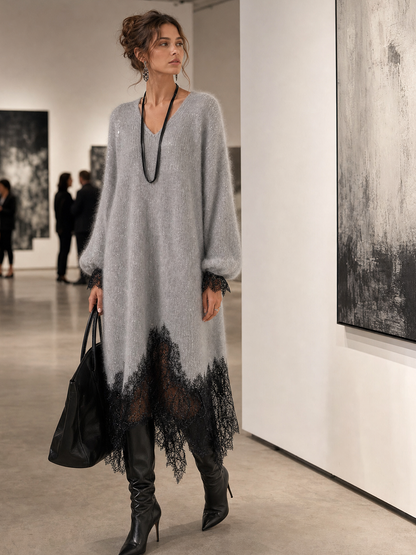 Victoria | Grey Midi Knit Dress with Lace Hem