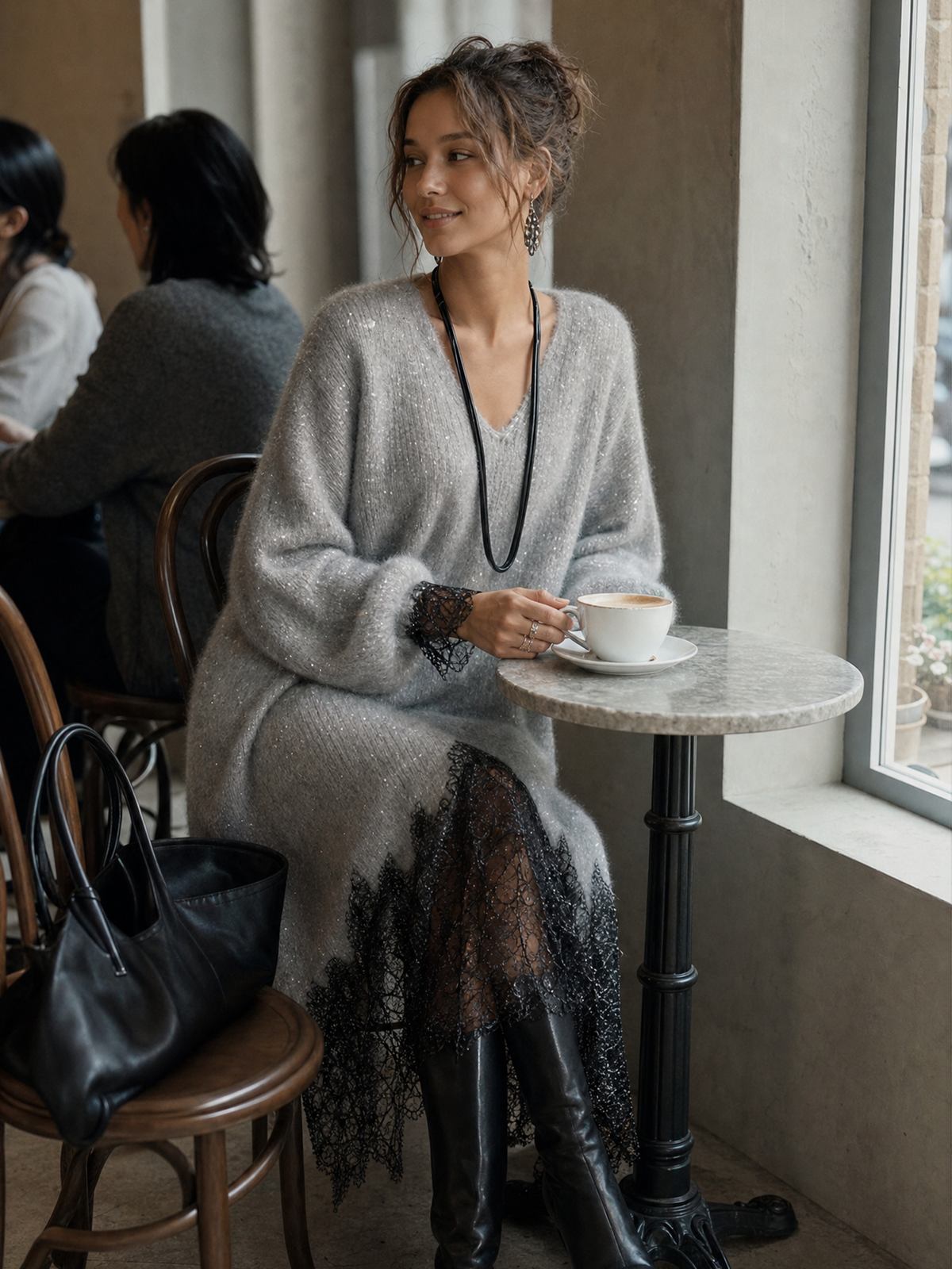 Victoria | Grey Midi Knit Dress with Lace Hem