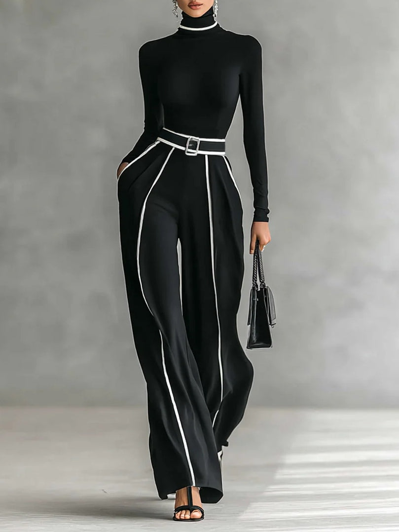 REFINED HIGH-NECK TOP & WIDE-LEG PANTS SET (FREE BELT)