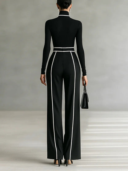 REFINED HIGH-NECK TOP & WIDE-LEG PANTS SET (FREE BELT)