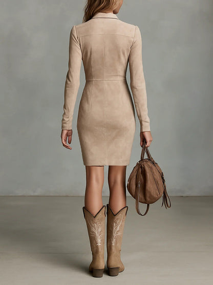 Arawen | Beige Slim Suede Neck Floral Lapel Midi Dress