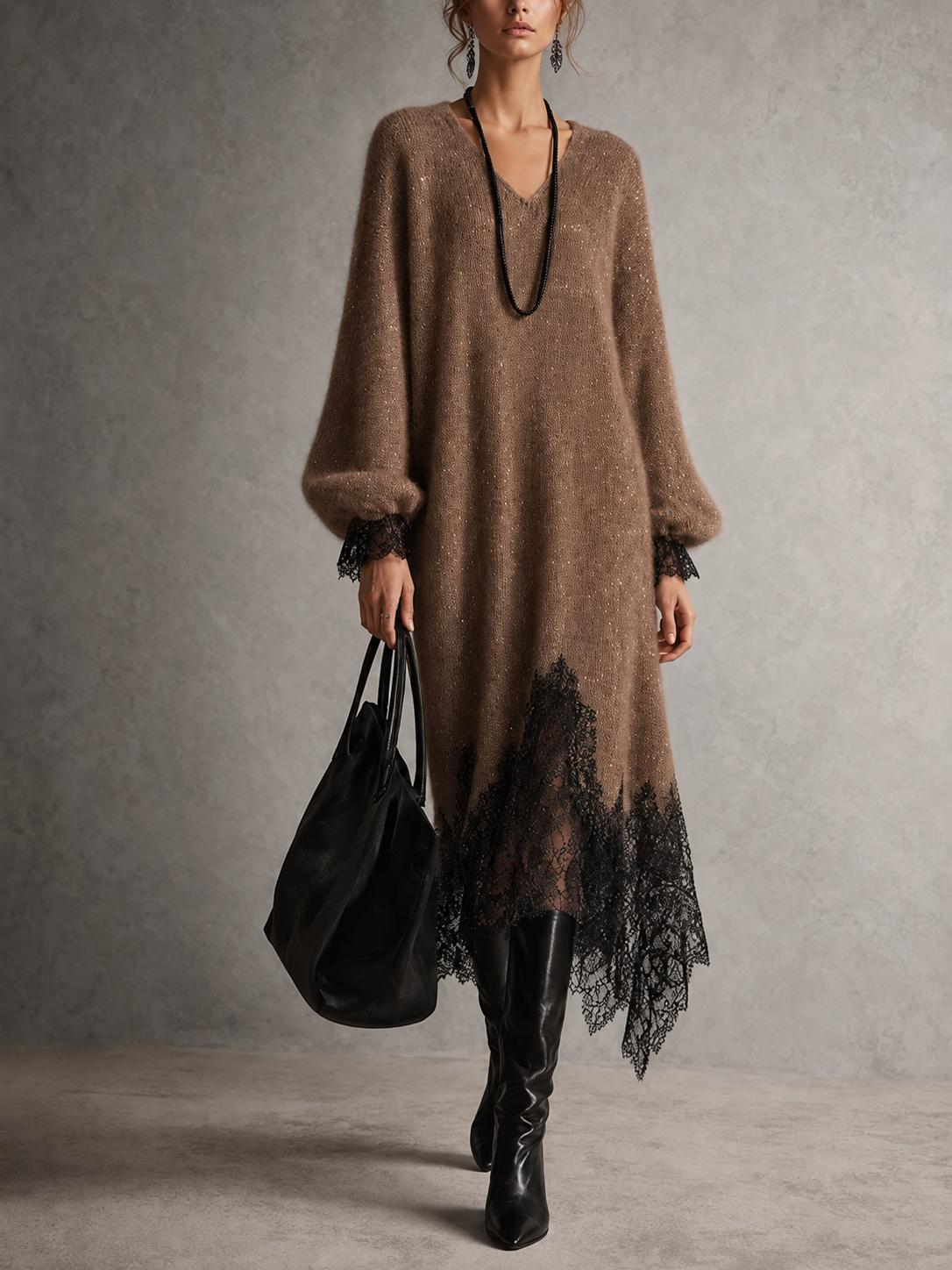 Victoria | Grey Midi Knit Dress with Lace Hem