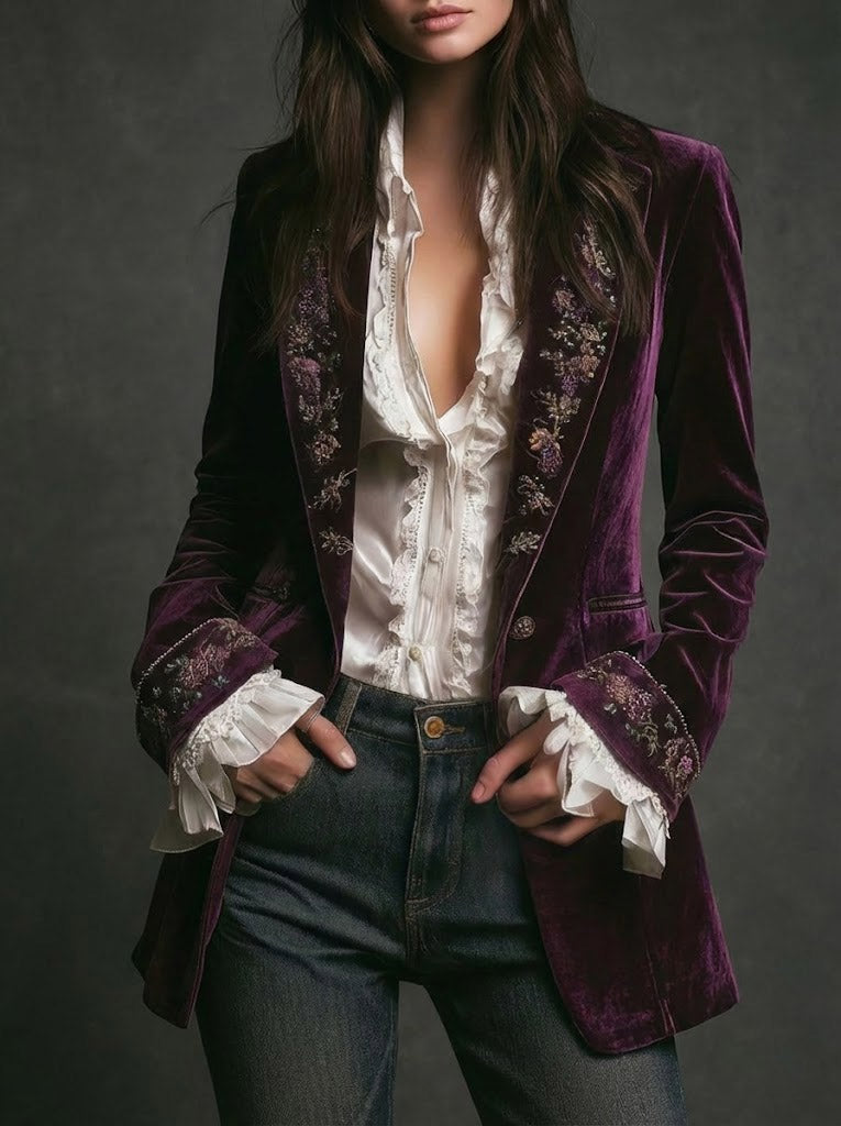 Erica | Long Vintage Velvet Jacket with Embroidery
