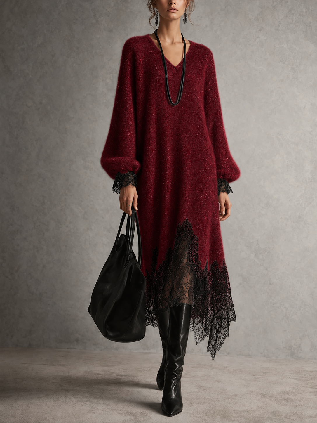 Victoria | Grey Midi Knit Dress with Lace Hem