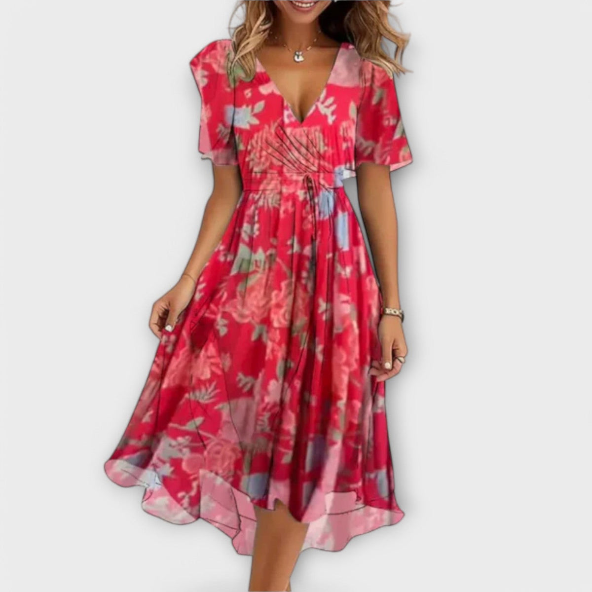 ISOIDE | FLORAL V-NECK WRAP MIDI DRESS