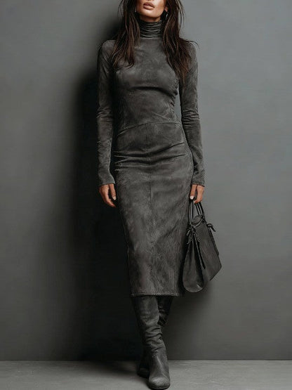 Seraphina | High Neck Long Sleeve Suede Midi Dress